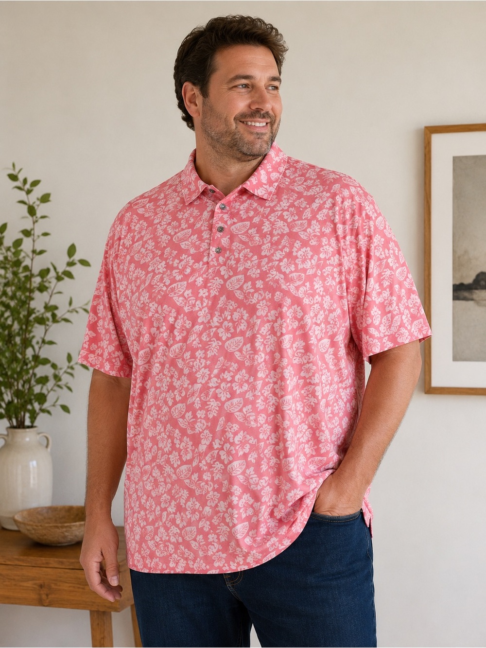 Men's Pink Floral Short-Sleeve Polo Shirt